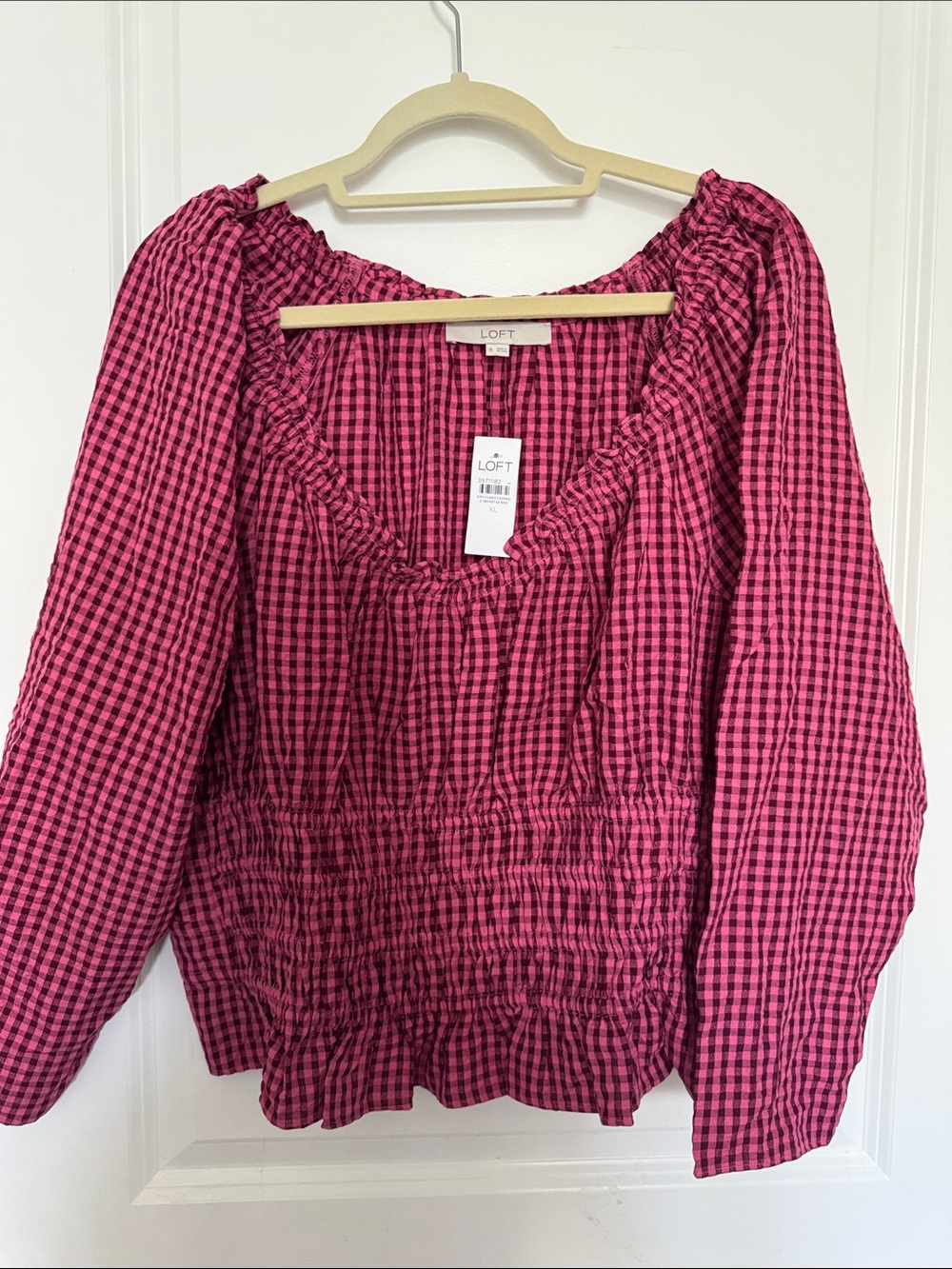LOFT Hot Pink and Black Gingham Smocked Peasant Top
